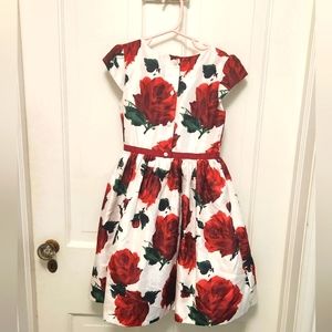 Beautiful girls dress, ivory with large red roses
